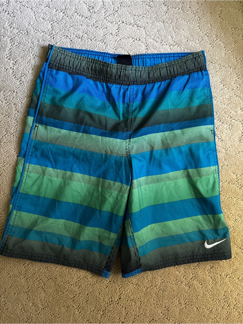 Nike Boys Blue & Green Striped Board Shorts Swim Trunks Size  Large